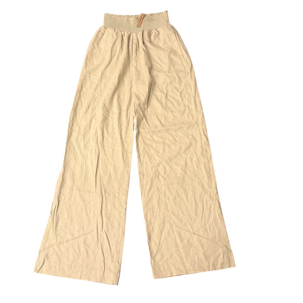 NWT Beige Linen Blend Wide Leg Pants Medium Smocked Waist Resort Vacation Chic